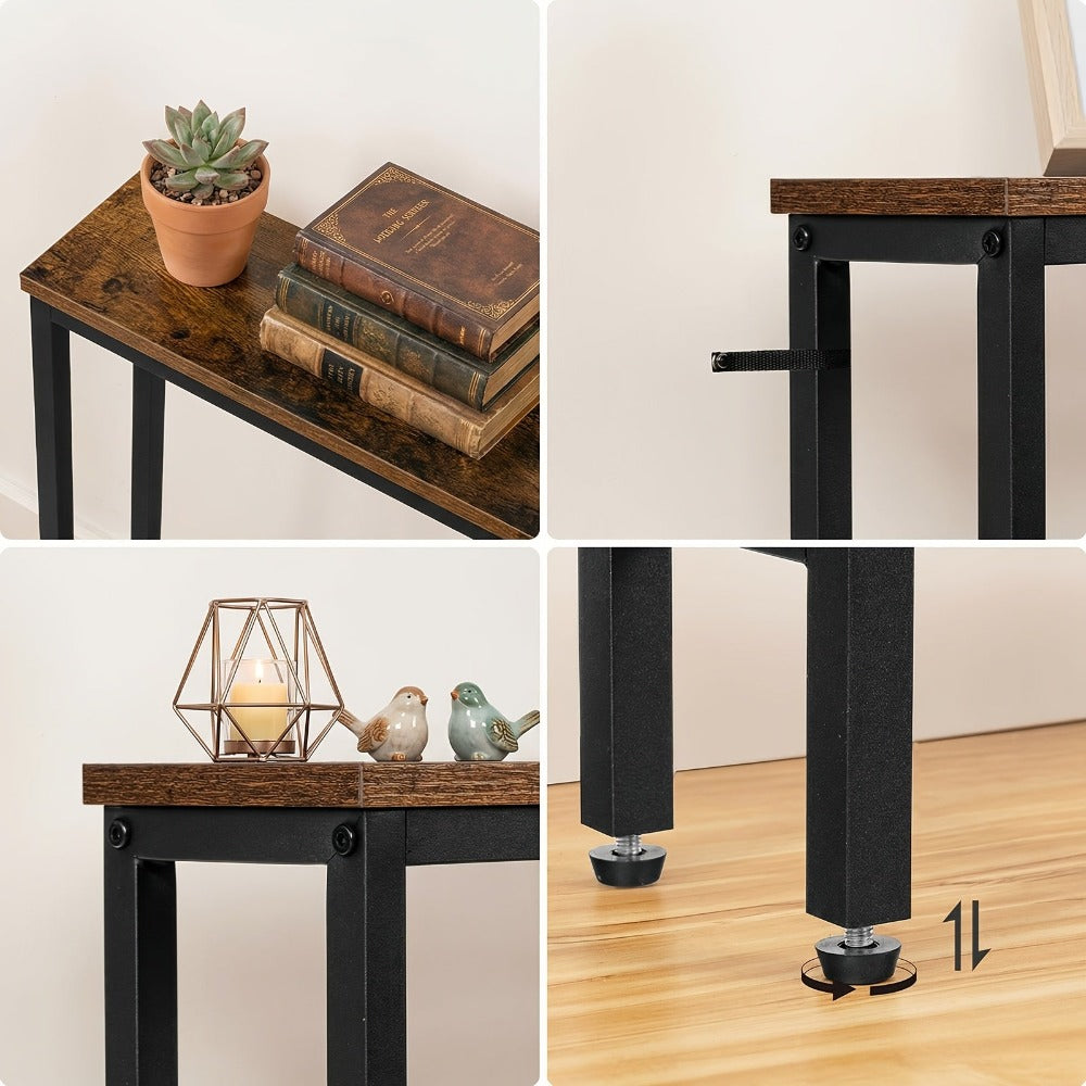 Mesa Estrecha de Consola con Regleta, Mesa de Consola con Estación de Carga, Mesa Estrecha para Sofá, Mesa de Consola Detrás del Sofá, Para Entrada, Pasillo, Marrón Rústico y Negro