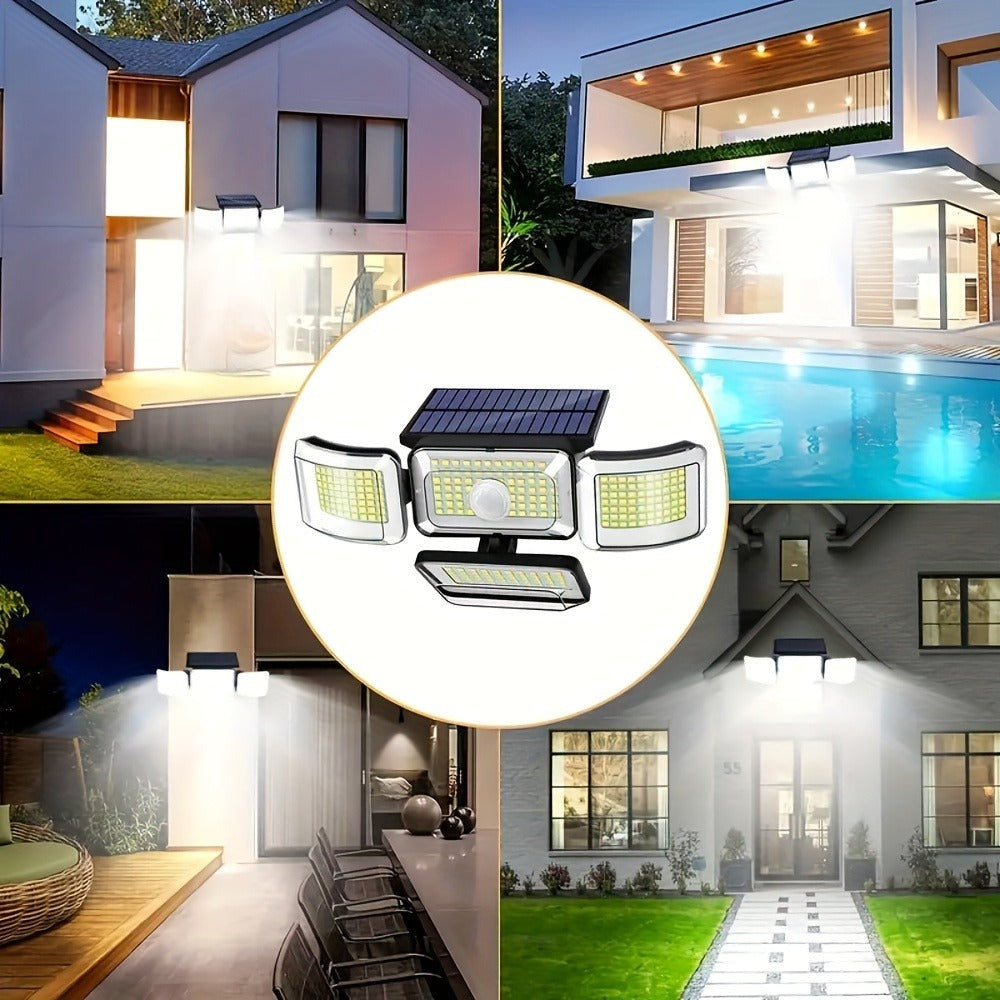 2/4 piezas de luces solares de pared para exteriores, 288 LED con sensor de movimiento y control remoto, 4 modos de iluminación para patio solar, focos de seguridad de gran angular de 270°, luz solar de pared de 4 cabezales para porche, jardín, garaje, te