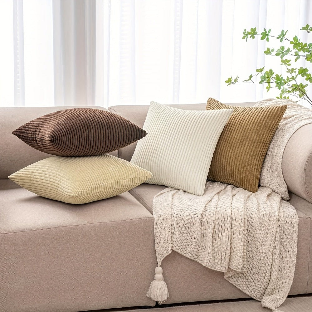 4 Pack Fundas de Cojín Decorativas de Rayas Suaves, Estilo Bohemio en Pana, Fundas Cuadradas de Pana, Cómodas y Modernas para Sofá, Sala, Dormitorio, Decoración Rústica, Relleno No Incluido