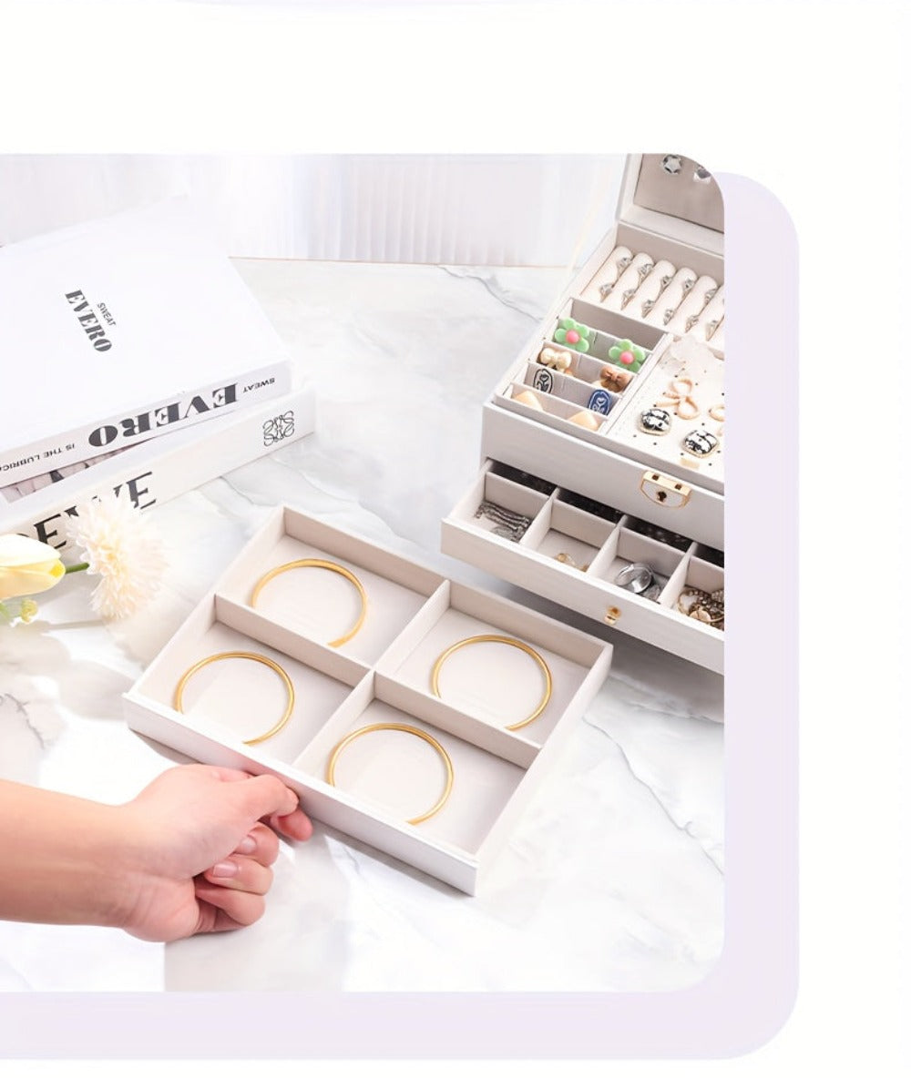 Joyero de tres capas de terciopelo y piel sintética, compacto y portátil para guardar aretes, anillos, collares y otros suministros para hacer joyas
