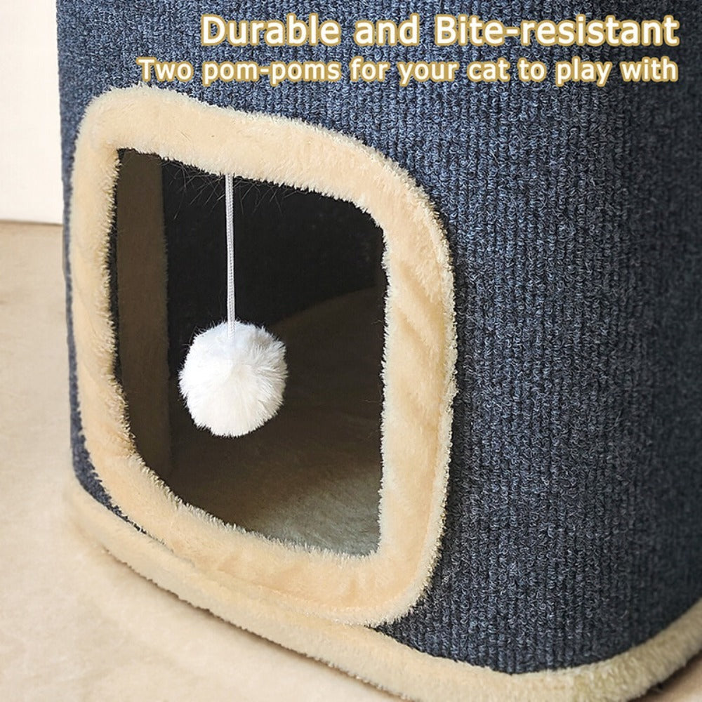 Nido Felino de Dos Niveles, Cueva Interior para Gatos, Túnel para Gatos con Alfombra Rascadora y Cubo Escondido, Adorable Condominio Contemporáneo para Gatos, Muebles Adecuados para Varios Gatitos, Diseño Expandible