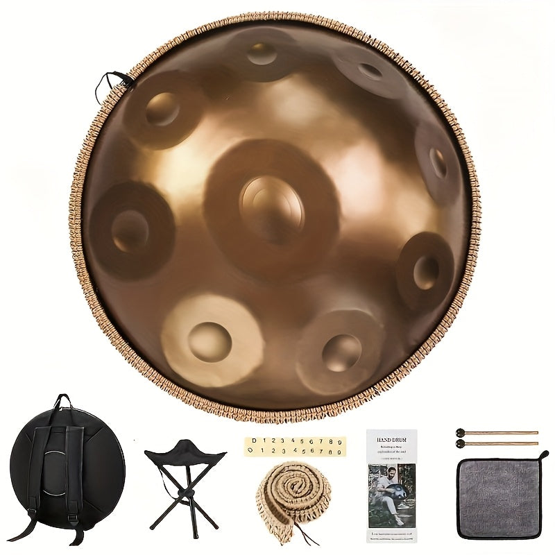 Handpan Tambor de 55.88 cm en Re Menor Kurdo, 440Hz con 9 Notas, Instrumento de Tambor Manual de Acero Premium, Instruccional para Meditación Musical con Bolsa de Tambor, Paño Antipolvo, Mazos, Soporte y Pegatinas Sonoras para Principiantes - Handpan Inst