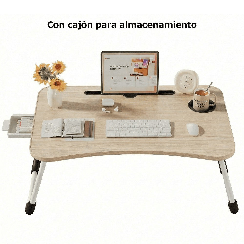 Mesa plegable multifunción para cama y sofá con portavasos, 60×40×28 cm, mesa auxiliar con atril para leer en la cama, bandeja multifunción para ordenador, libros, trabajo y estudio en casa (con cajón / sin cajón)