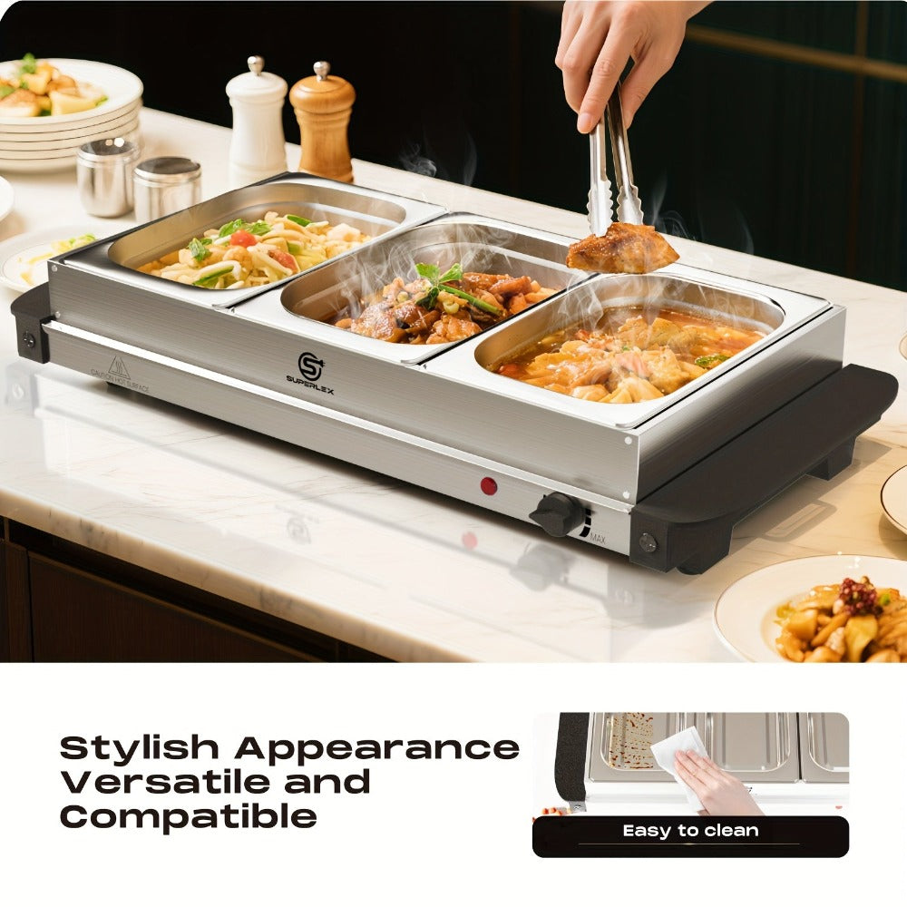 SUPERLEX Servidor Eléctrico de Bufé con Calentador de Comida, que Cuenta con Tres Ollas de 1.5L, un Diseño Espacioso de Acero Inoxidable, una Placa Caliente con Tapas Desmontables, Ajustes de Temperatura Ajustables y un Bandeja de Calentamiento Portátil p