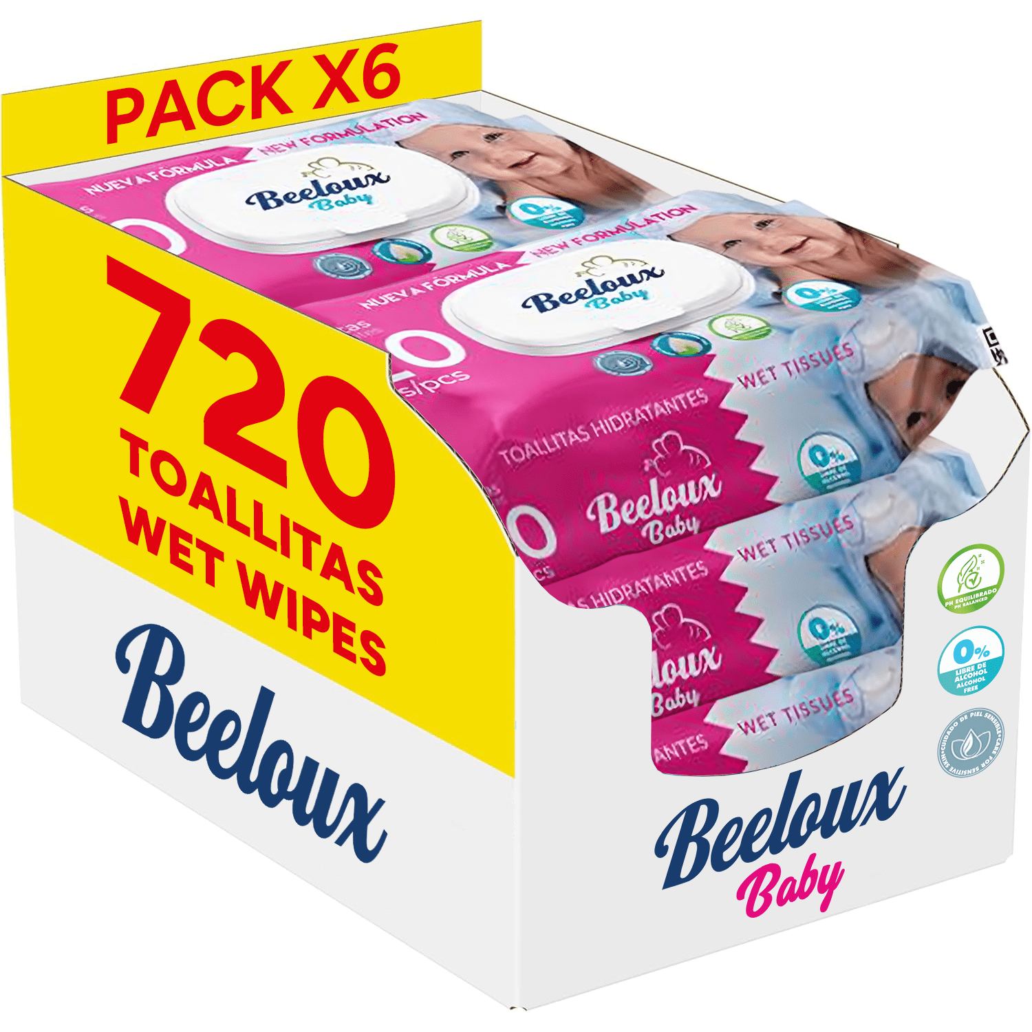 Toallitas húmedas Beeloux para bebé, 6 packs de 120 unidades