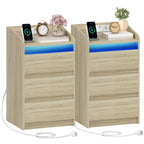 Juego de 2 Cajoneras con 3 Cajones, Mesa Auxiliar con Estación de Carga y LED, 2 Tomas de Corriente y 2 Puertos USB, Almacenamiento para Dormitorio, Libros y Artículos Varios en Sala y Dormitorio, Organización y Almacenamiento, Unidades de Cajones