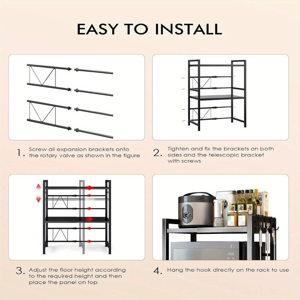 Estante de microondas expandible de 3 niveles, con 4 ganchos, ancho y altura ajustables, organizador de encimera de cocina, estantes de almacenamiento para ollas, sartenes y parrillas, ancho 40-64cm, negro, estante de pie