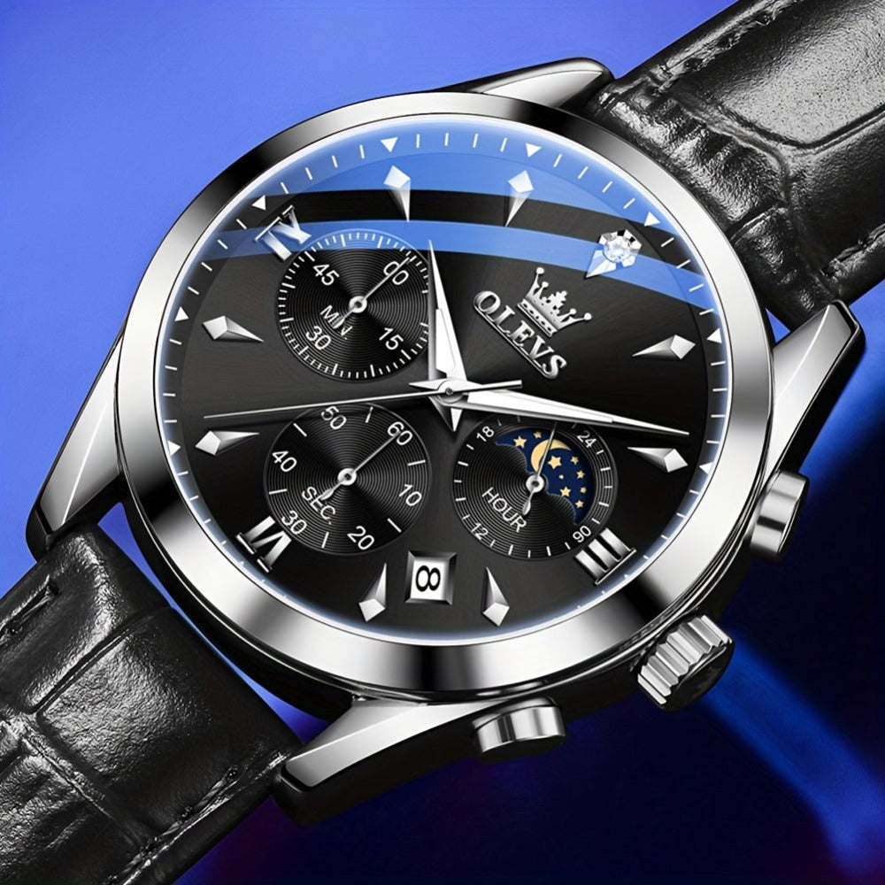 OLEVS Reloj para Hombre Clásico Cronógrafo Cuero Marrón Caja Dorada Analógico Cuarzo Moda Negocios Vestir Cara Grande Reloj de Hombre Día Fecha Luminoso Casual Reloj de Pulsera Masculino Regalos Románticos Relojes De Hombre Azul/Negro/Blanco/Marrón Esfera