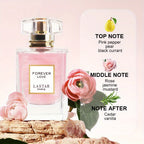 LASTAR Paris Forever Love Fragrance 1.86Oz, una fragancia floral romántica con aroma a rosa, jazmín, vainilla y pachulí. Ofrece un aroma suave y refrescante, es de larga duración y viene en un elegante frasco de vidrio rosa con tapa dorada.