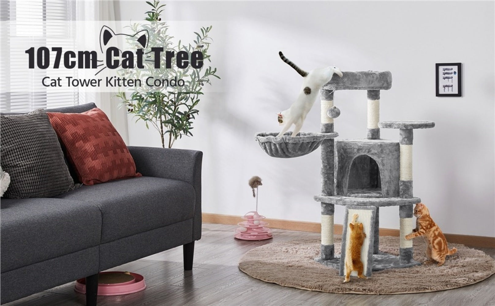 Costoffs Árbol para gatos de 107 cm con plataforma de observación, cueva para gatos, 5 postes de sisal, cueva de descanso, rascador y bola de felpa colgante, mueble para gatos