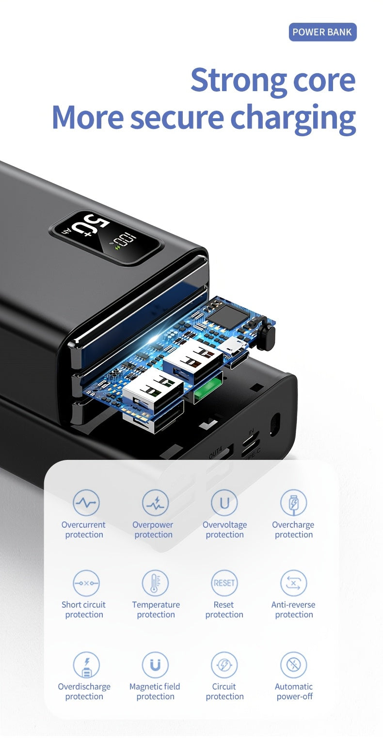 Batería externa | Batería Externa Portátil de Gran Capacidad 50000Mah con Interfases Tipo-C/Usb/Micro, Pantalla LED, Carga Rápida PD22.5W