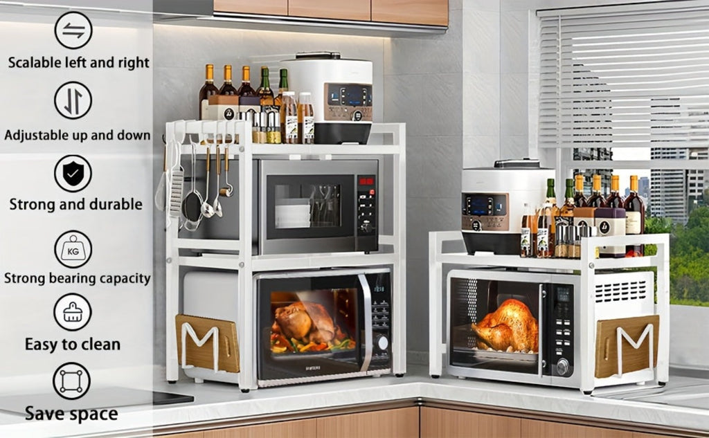 Estante para Microondas de 3 Niveles Extensible con 6 Ganchos, Estante de Cocina, Organizador de Especias, Organizador de Gabinete para Cocinas, , Extensible de 40 a 64 cm
