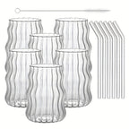 Almacén Local, Juego de 6 Vasos Rayados con Forma de Nube, Incluye 6 Pajitas, 530 ml/18 oz, Adecuado para Bebidas Frías/Calientes, Jugo, Leche, Agua, Helado, Cócteles, Perfecto para Fiestas, Hecho de Vidrio Borosilicato, Apto para Lavavajillas