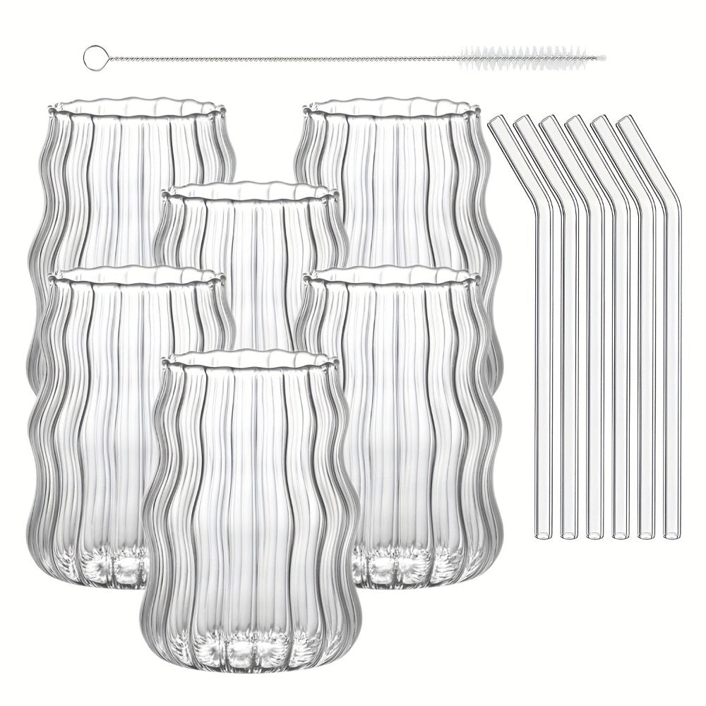 Almacén Local, Juego de 6 Vasos Rayados con Forma de Nube, Incluye 6 Pajitas, 530 ml/18 oz, Adecuado para Bebidas Frías/Calientes, Jugo, Leche, Agua, Helado, Cócteles, Perfecto para Fiestas, Hecho de Vidrio Borosilicato, Apto para Lavavajillas