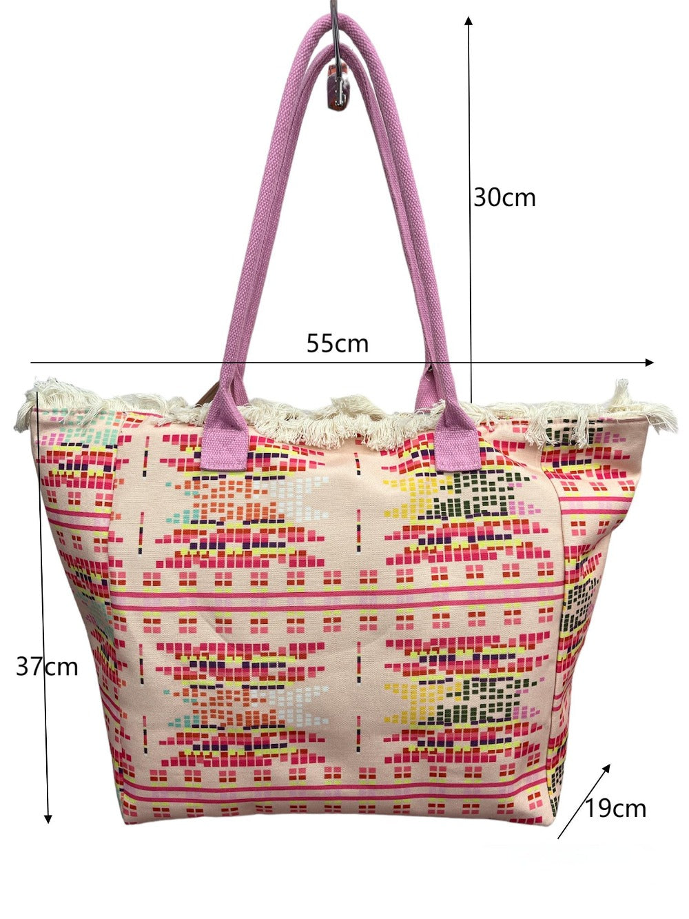 MEJORADA Bolso de playa grande con estampado bohemio, ideal para verano, con flecos de algodón, forro interior y bolsillos, 55×37×19 CM, tejido 100% poliéster