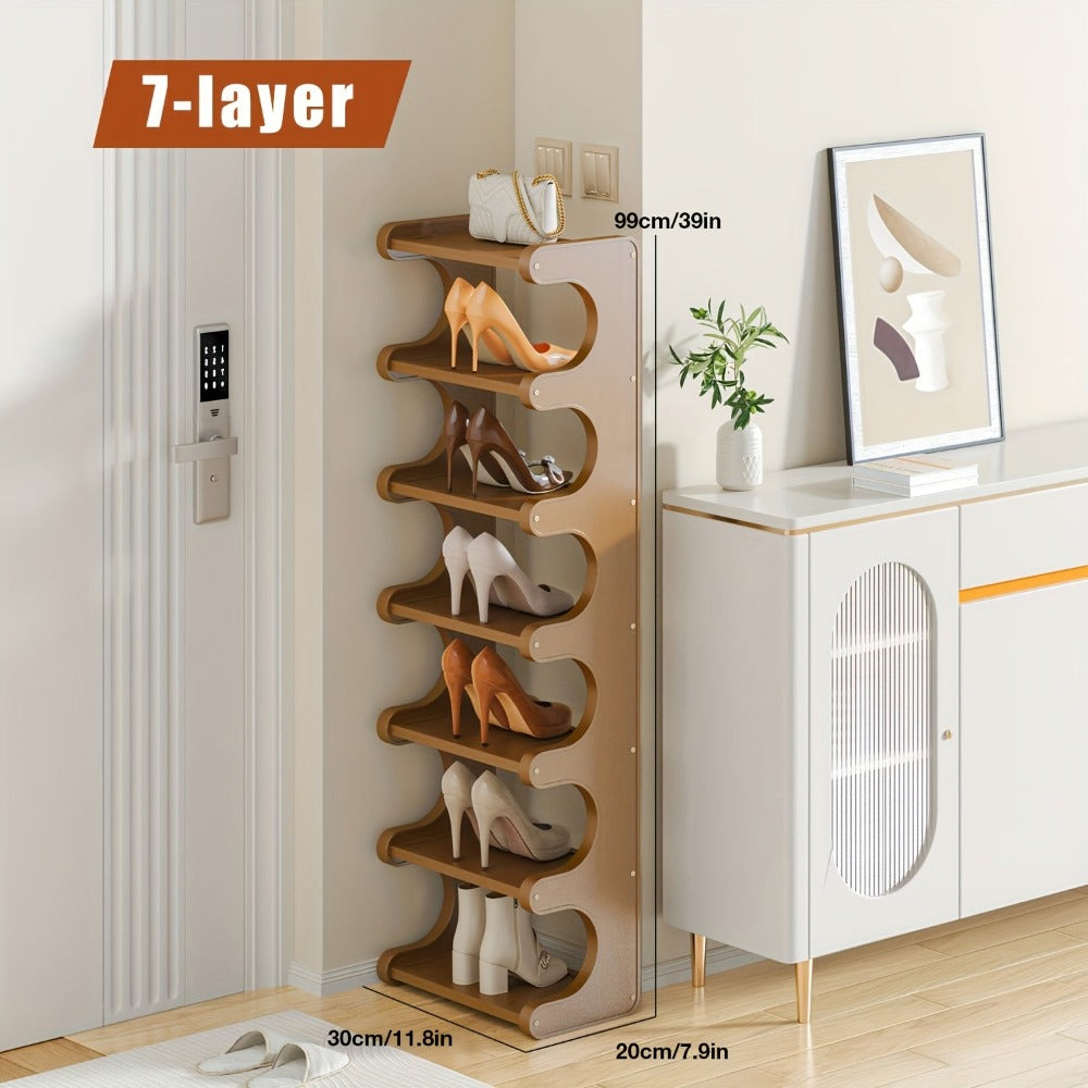 Estantería de Zapatos de Bambú de 7 Niveles, Estante de Almacenamiento con Paneles Reforzados y Gruesos, Duradero y Resistente, Máxima Eficiencia de Espacio, Esquinas Redondeadas, Montaje Rápido, Organizador de Zapatos para Entrada, Armario, Dormitorio, P