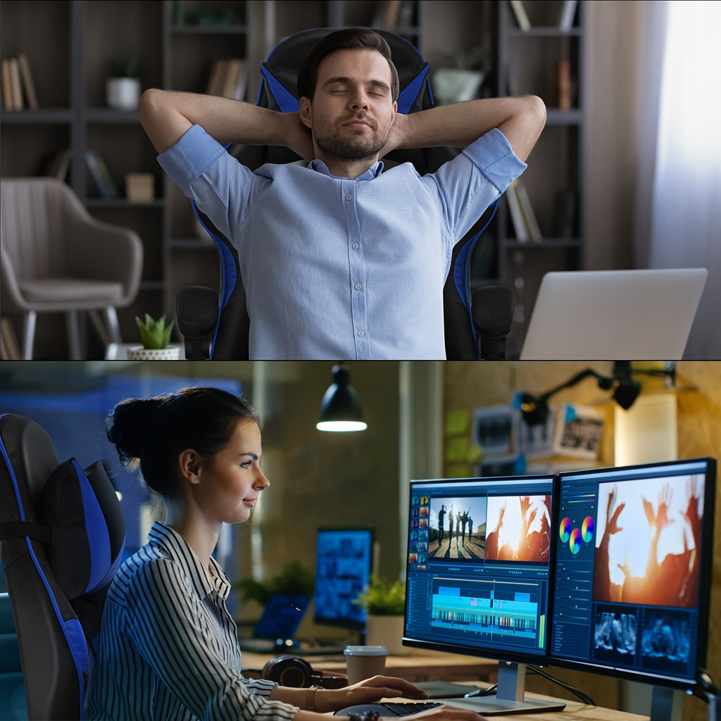 Silla de oficina ergonómica diseñada para gaming, con reposapiés, respaldo alto, giro ajustable y soporte lumbar, hecha de cuero PU en estilo racing para entusiastas de los E-Sports