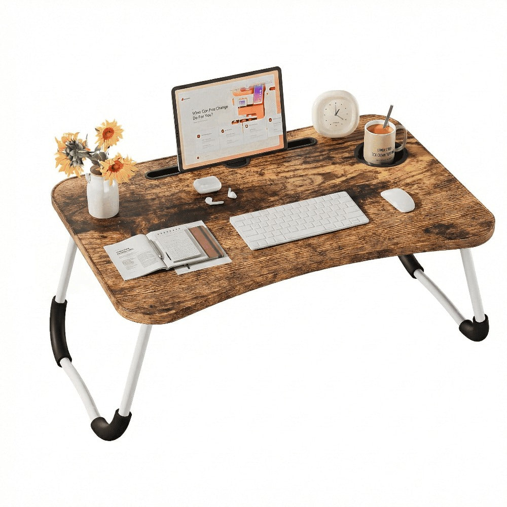 Mesa plegable multifunción para cama y sofá con portavasos, 60×40×28 cm, mesa auxiliar con atril para leer en la cama, bandeja multifunción para ordenador, libros, trabajo y estudio en casa (con cajón / sin cajón)