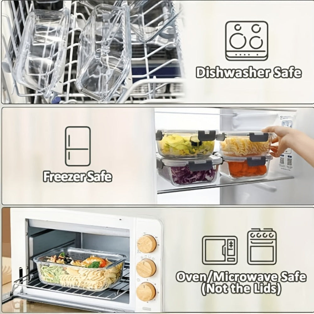 10 Piezas de Recipientes de Vidrio para Almuerzo, con Tapas Herméticas de Alas - Juego de Comidas a Prueba de Fugas, Seguro para Microondas y Lavavajillas, Apto para Congelador, Control de Porciones y Planificación de Comidas, Ideal para Hogar, Oficina y