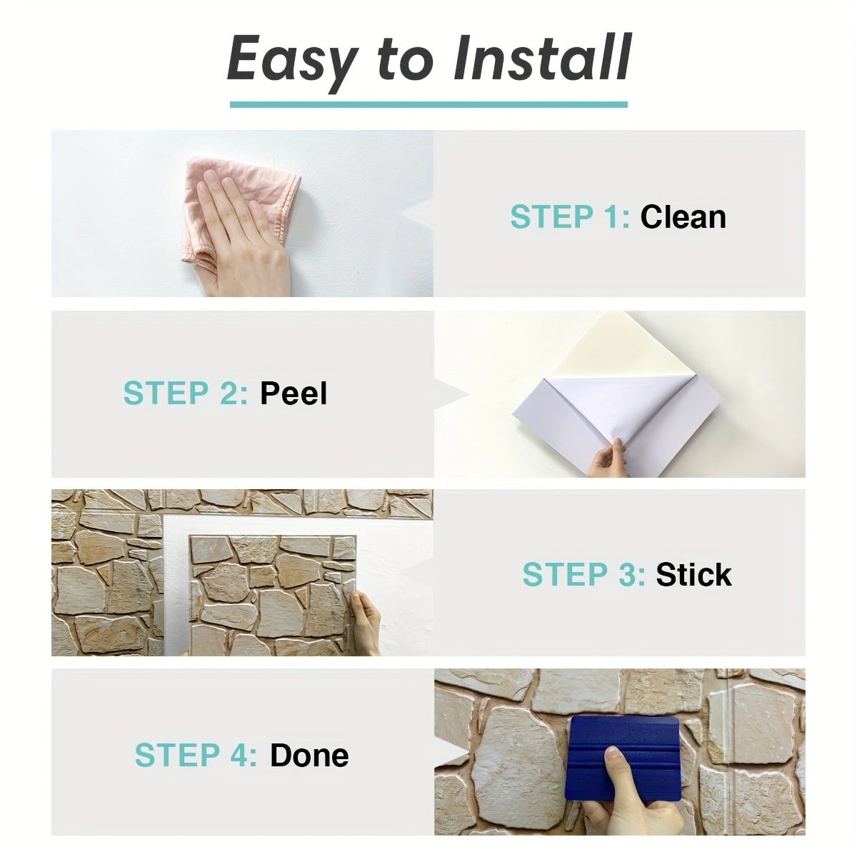 Este paquete incluye diez paneles de pared 3D autoadhesivos con una superficie de PVC tipo piedra, cada uno de 30 por 30 centímetros, diseñados para decorar paredes interiores.