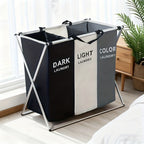 Cesto de lavandería plegable extra grande con tres compartimentos, cesta clasificadora de ropa plegable - Tela Oxford, estructura de aluminio duradera, bolsa de almacenamiento portátil y rectangular con asas - Perfecto para usar en el baño o el dormitorio