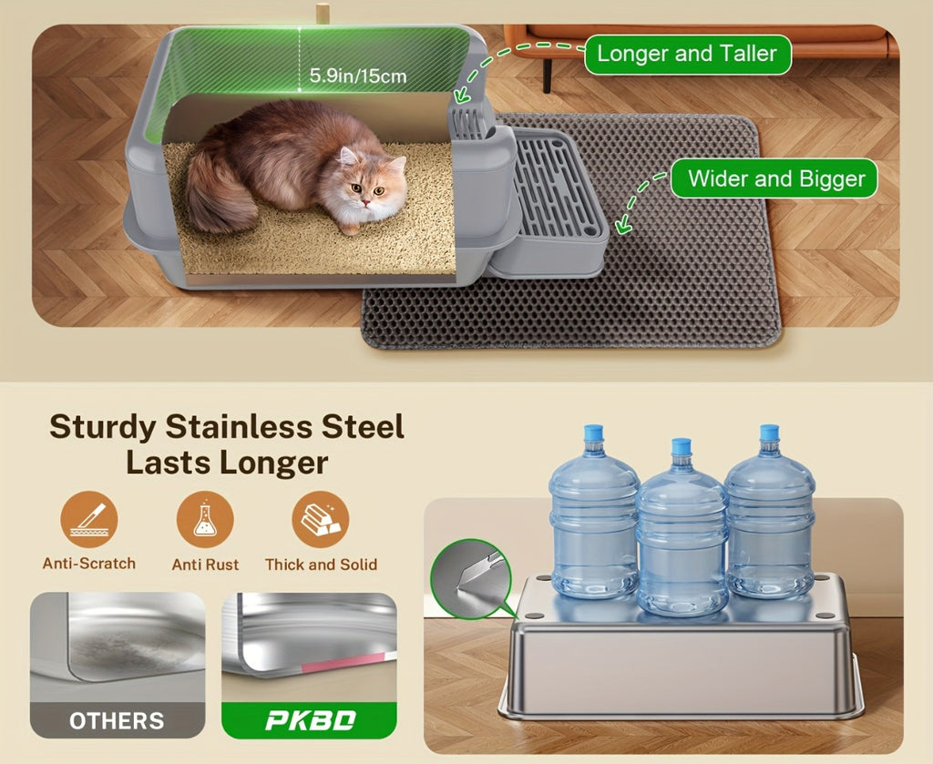 Bandeja de arena para gatos XXL de acero inoxidable con recinto desmontable, gran capacidad de 32L, incluye tapete XXL para arena de gato, pala metálica y escaleras para gatos mayores, apta para todos los gatos