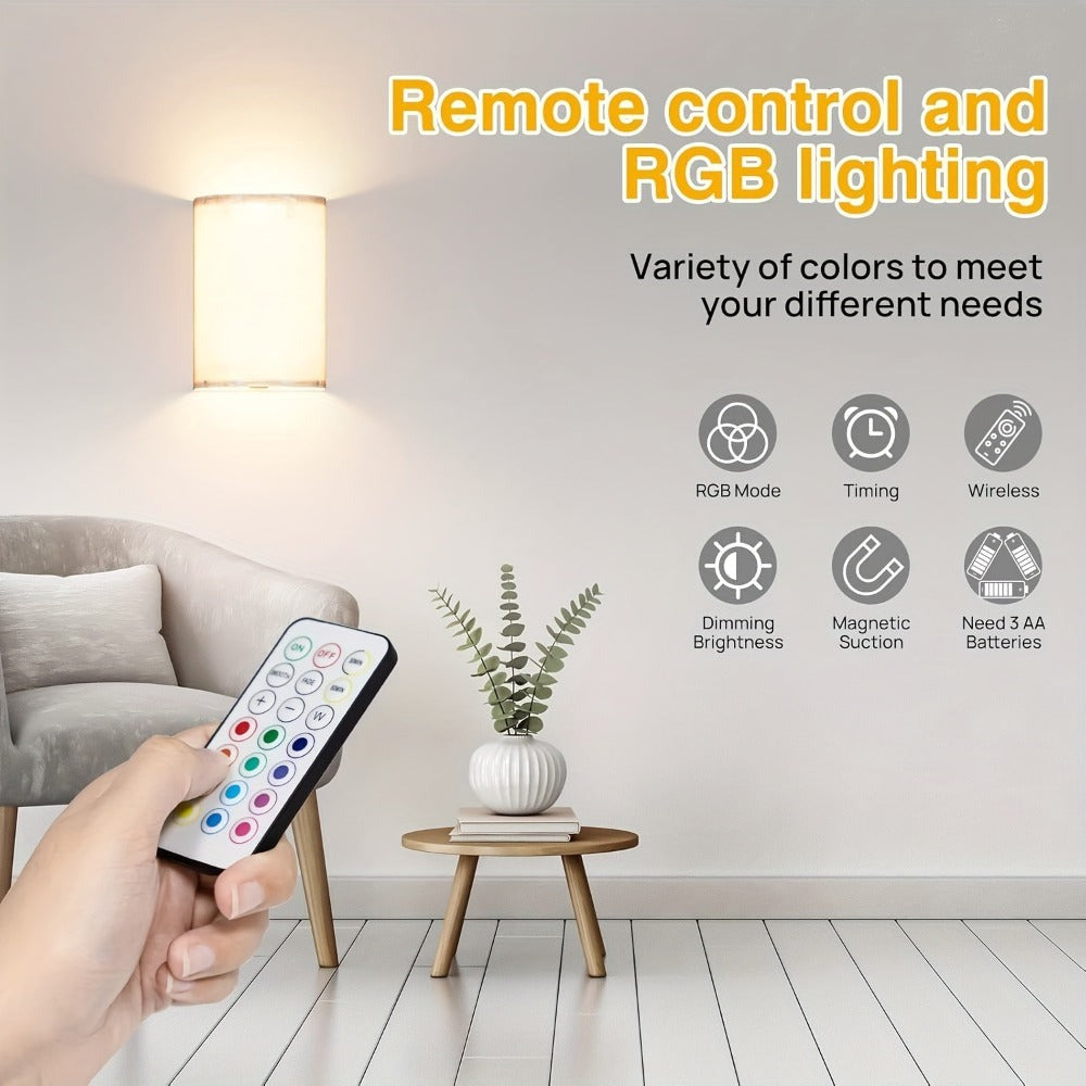 Juego de 2 lámparas de pared RGBW con 16 colores, control remoto, funcionamiento con batería, montaje magnético, ideal para dormitorios y salas de estar (baterías no incluidas)
