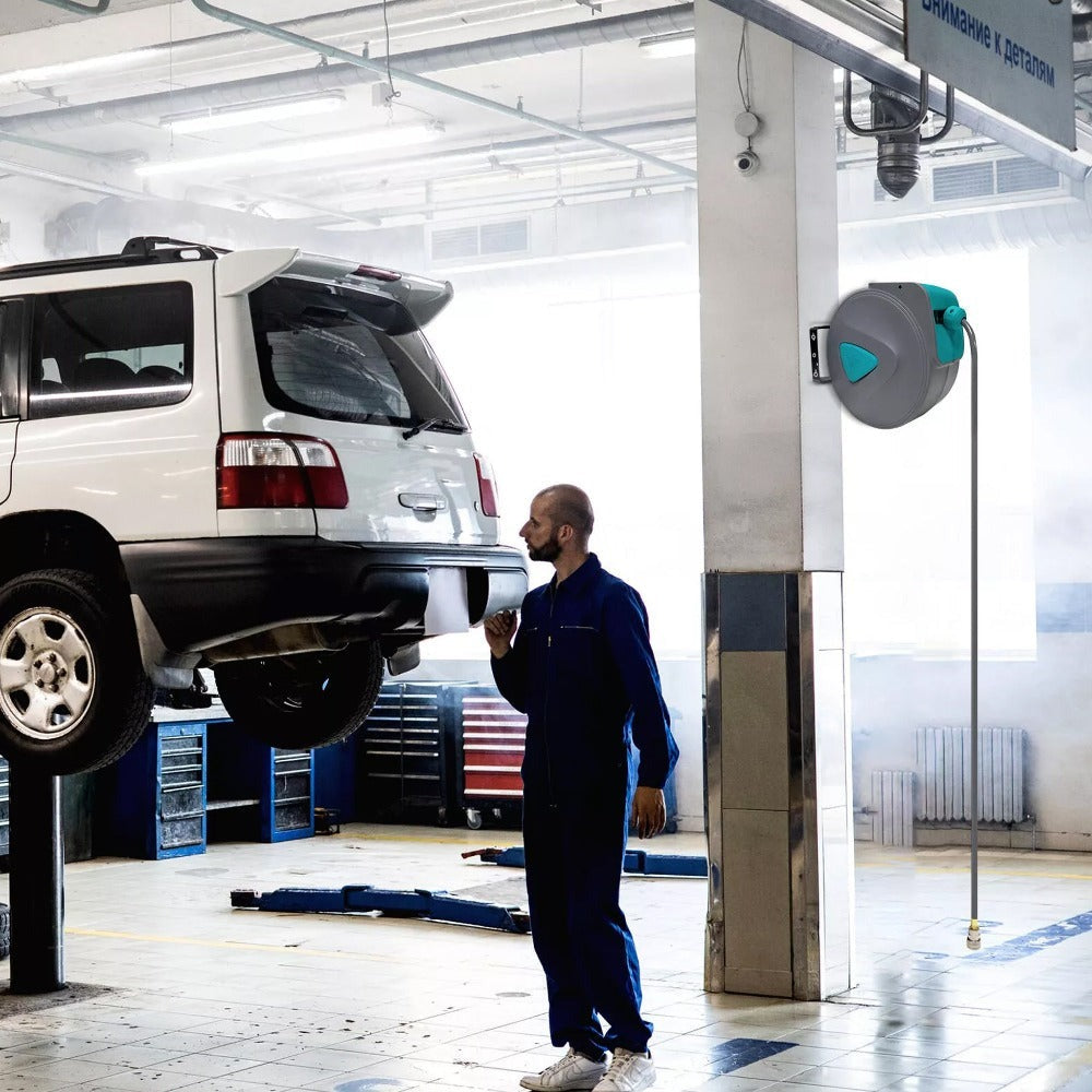 Soporte de manguera gris para pared con carrete de manguera neumático y conexión automática de 1/4''