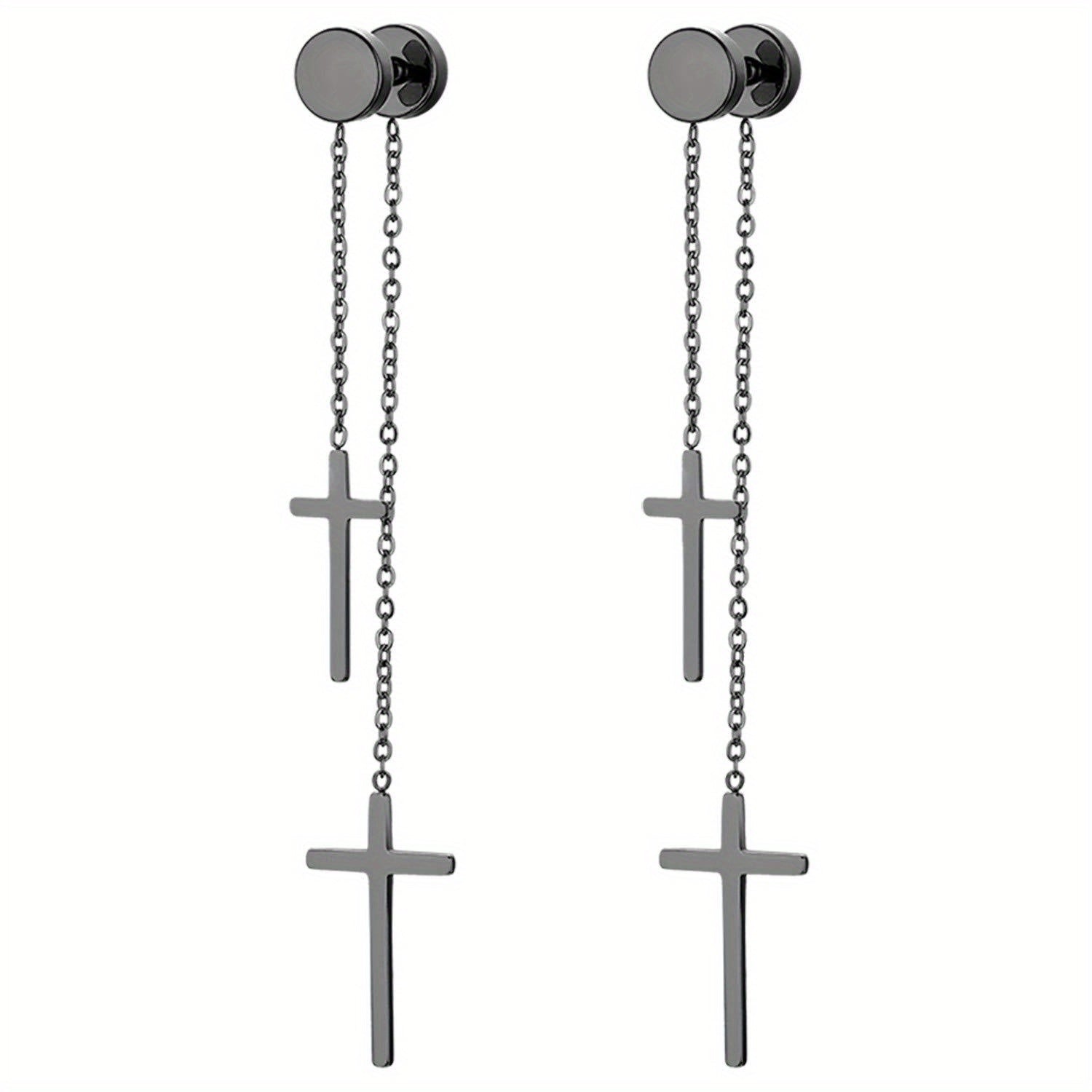 Jewelrywe Hombres Mujeres Aretes Acero Inoxidable con Doble Cruz Cadena Colgante Falso Tuerca Aretes Túnel Colgantes de Oreja para Piercing, Negro Dorado Plateado