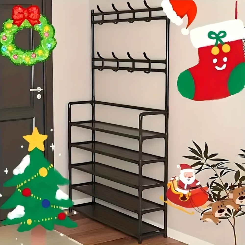 Organizador de Zapatos - Perchero Ahorrador de Espacio, Estante de 5 Niveles con 8 Ganchos, Estructura Robusta de Metal Dorado/Plástico, Diseño Independiente o Montado en Pared para Hogar, Oficina y Tienda - Ideal para Almacenar Zapatos, Abrigos, Sombrero
