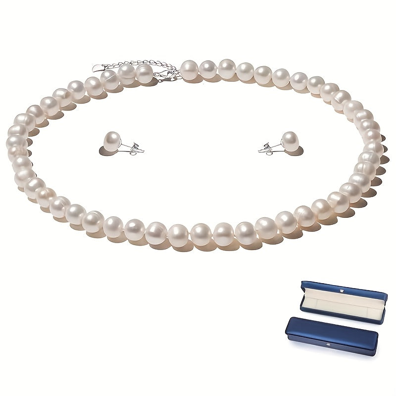 Conjunto de collar de perlas de agua dulce en plata de ley S925 | Cierre de langosta y cadena extensible | Longitud ajustable