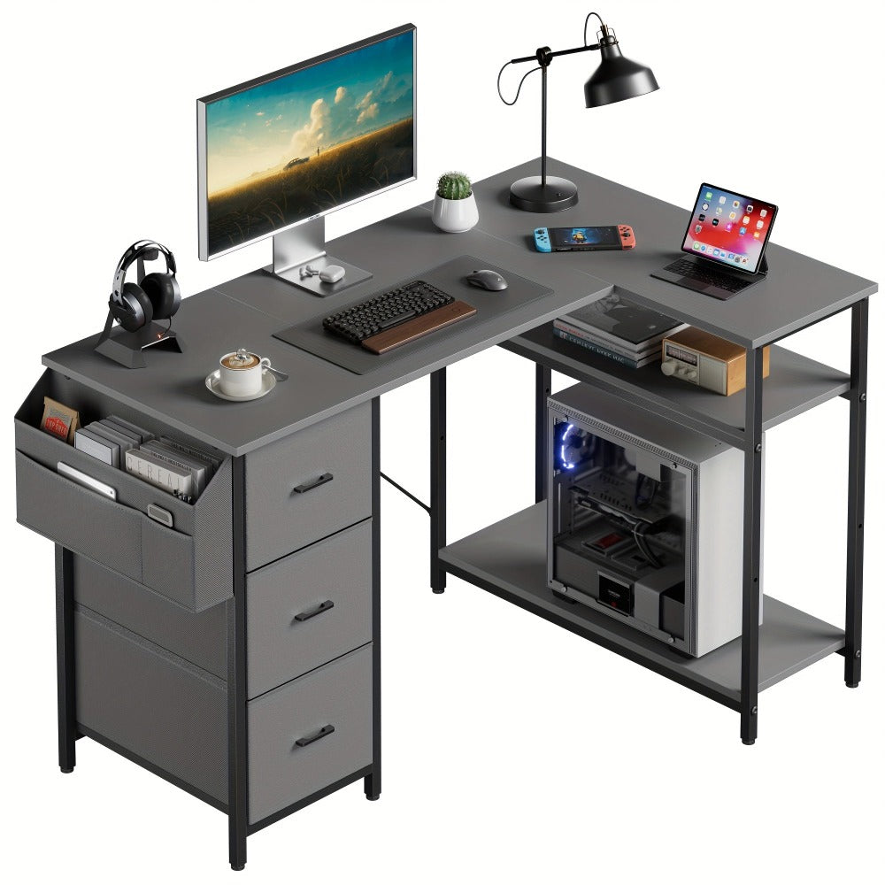 Escritorio Gaming en Forma de L con 3 Cajones de Tela para Almacenamiento, Escritorio de Oficina en Casa Ahorrador de Espacio con Soporte para CPU, Fácil de Montar, Estación de Trabajo y Juegos, Estructura de Madera Resistente, Dormitorio, Adultos