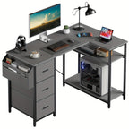 Escritorio Gaming en Forma de L con 3 Cajones de Tela para Almacenamiento, Escritorio de Oficina en Casa Ahorrador de Espacio con Soporte para CPU, Fácil de Montar, Estación de Trabajo y Juegos, Estructura de Madera Resistente, Dormitorio, Adultos
