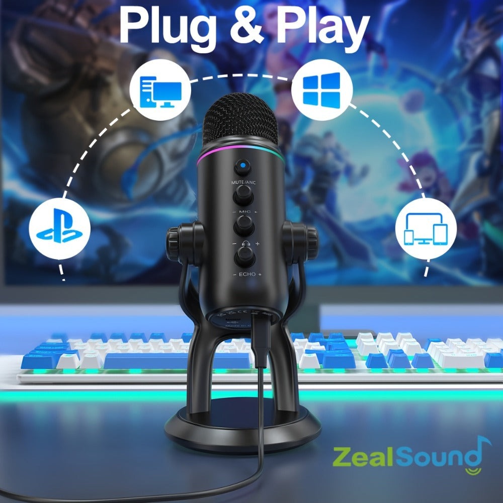 Micrófono Gaming Condensador USB Zealsound, Mic RGB Plug and Play con Reducción de Ruido, Control de Ganancia Silencio y Reverb, Jack de Monitor de 3.5 mm para PC, Teléfono, Transmisión en Vivo, Grabación de Podcast