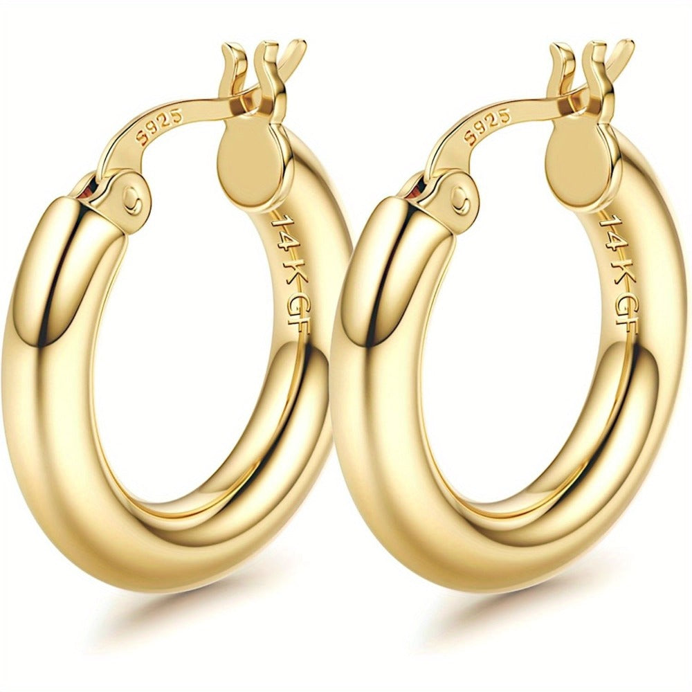 Pendientes de aro plateados de oro de 14K para mujer con poste de plata 925, aros huecos de 4 mm de grosor, aros dorados, aros grandes dorados hipoalergénicos y ligeros de 25/30/40/50/60/70 mm