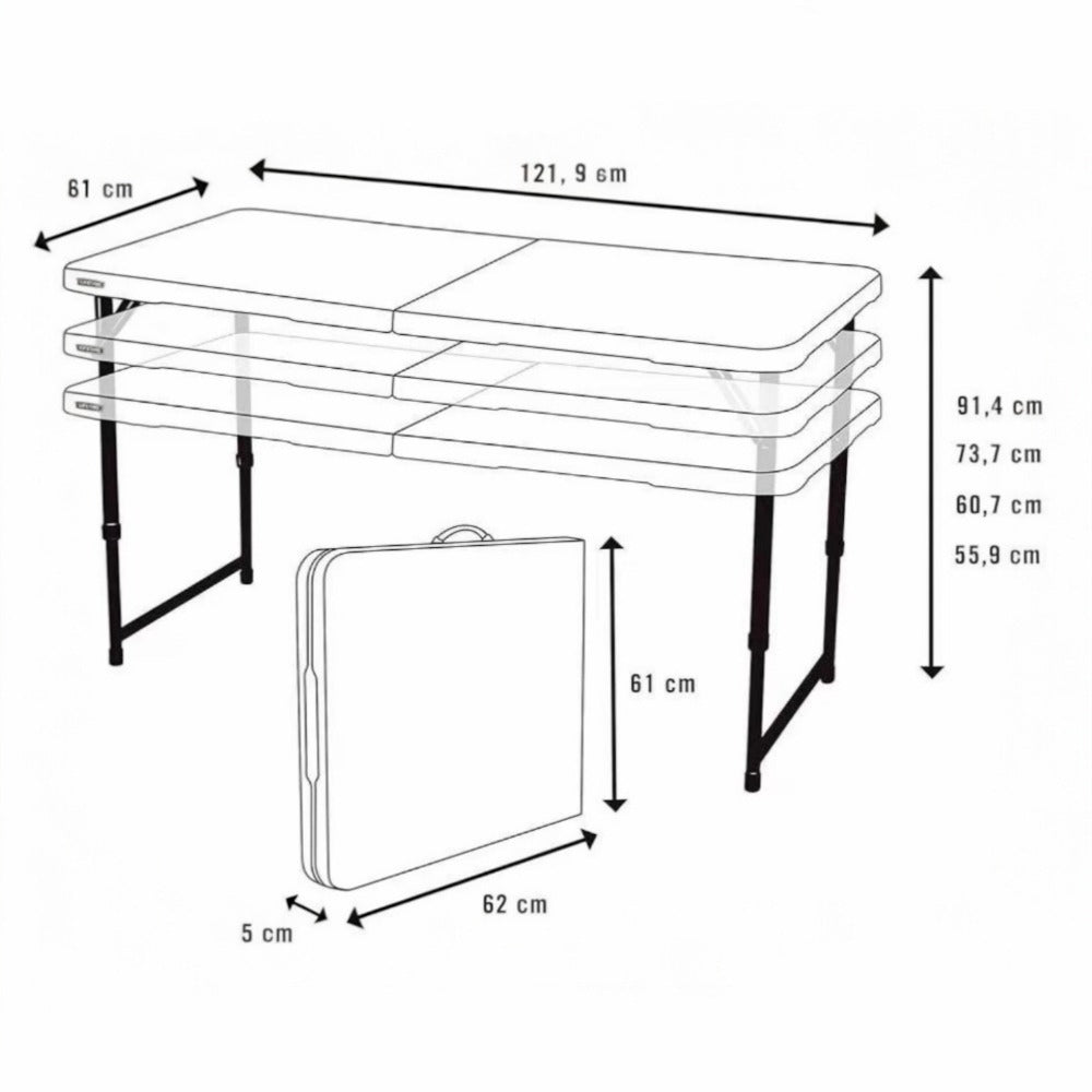 Mesa plegable multiusos ultrarresistente para 4 personas maximo 363kgs protección uv 122x61x56 - 91,5 cm UV100
