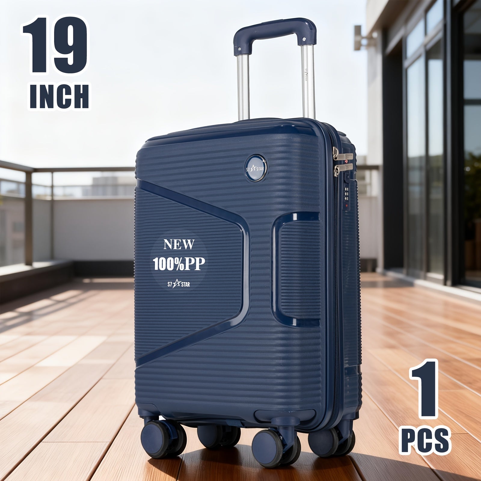 Equipaje de mano de 19 pulgadas, 8 colores, material PP 100% resistente y anti-presión, cerradura de contraseña Trinity y ruedas giratorias de 360°, cremallera protectora suave, asa elástica, se ajusta al compartimento superior del avión