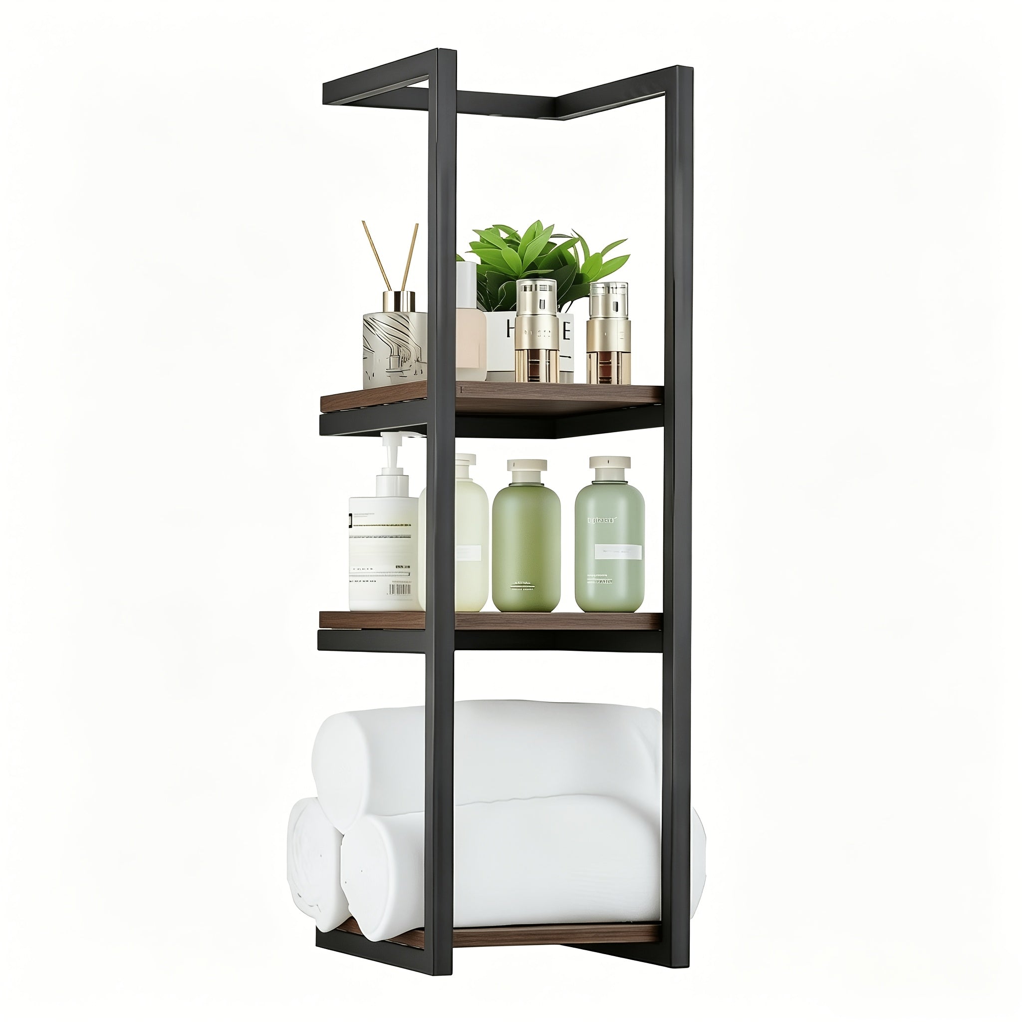 Estante de baño de pared de diseñador - Estante de almacenamiento de madera estilo rústico francés con estantes de madera duradera y estructura de acero, organizador de pared para toallas y artículos de aseo apto para baños modernos, spas, suites principa