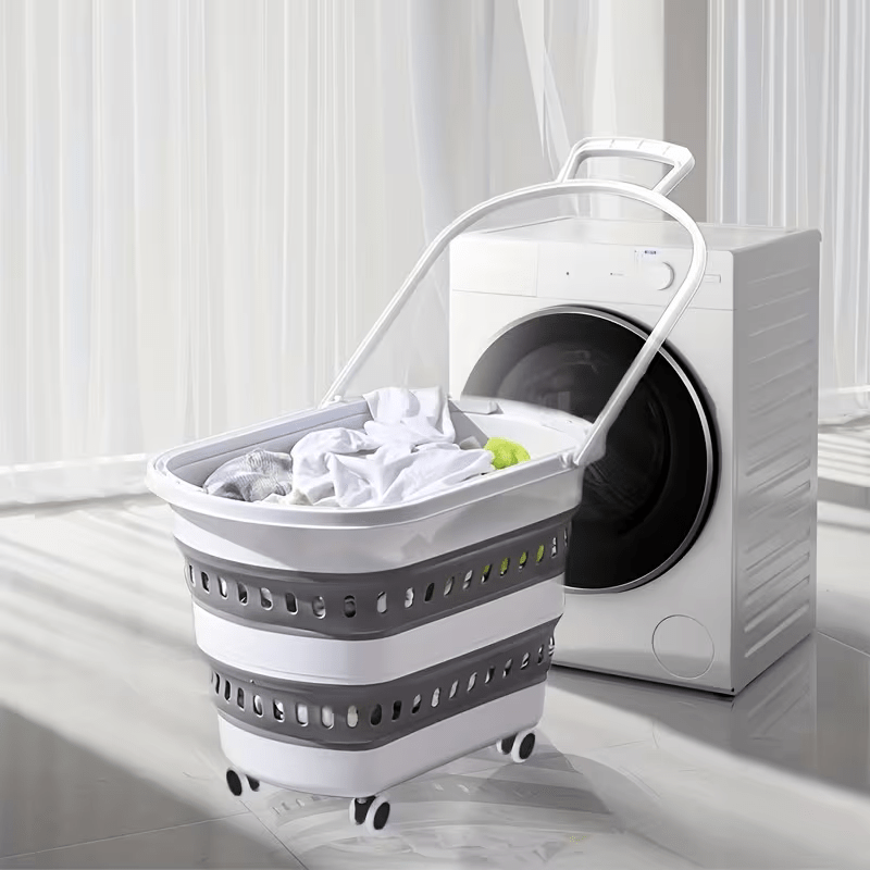 Cesta de Ropa Retráctil y Plegable con Ruedas - 45 Litros - Blanco Gris