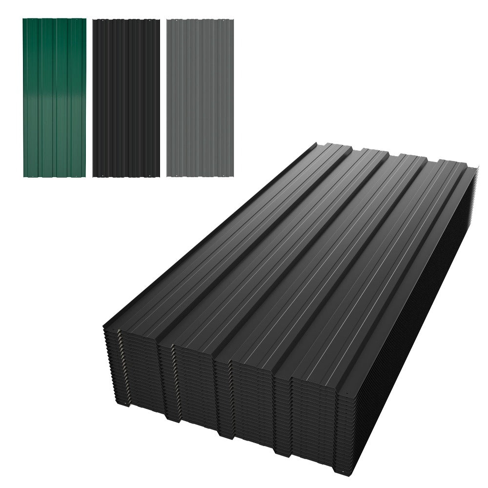 22 piezas de láminas trapezoidales de acero galvanizado de alta resistencia con tornillos y 200 clavos - Paneles de metal corrugado para techos, revestimiento de paredes, vallas, cobertizos y estructuras al aire libre (Negro/Gris, 108x42.6cm, 0.25mm) - Fá