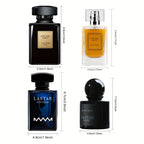 Juego de 4 botellas de perfume para hombre, fragancias de pachulí, vainilla y maderosas, colonia para hombre, perfume de larga duración, adecuado para citas, fiestas y trabajo diario, cada botella es una experiencia única, regalo exquisito para hombres