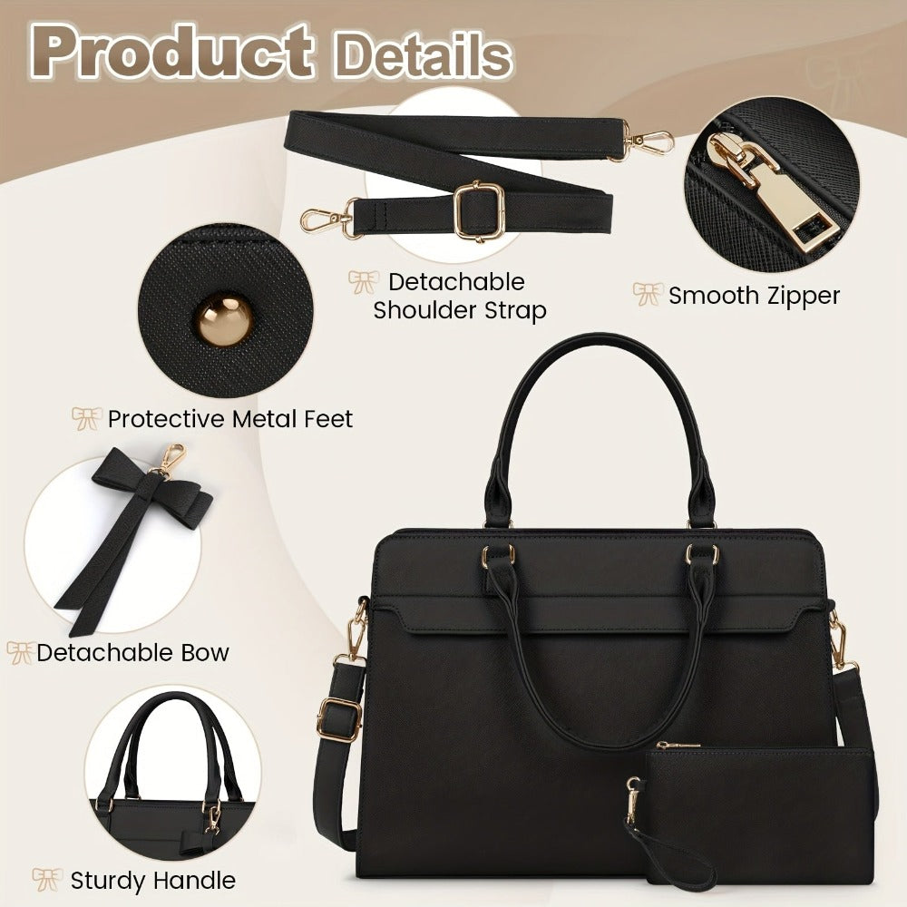 RAINSMORE Bolso de Mano para Mujer Bolso de Compras para Mujer Bolso Grande de 39.62 cm para Laptop Bolso de Trabajo de Cuero para Mujer Bolso de Hombro con Cartera Juego de Dos Piezas para Oficina de Negocios Escuela