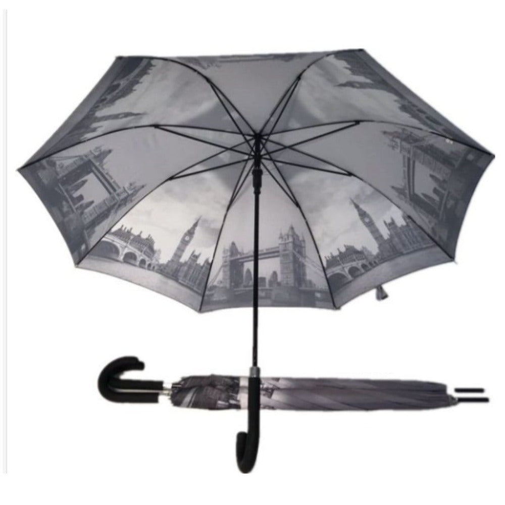 Paraguas de mango largo, agrandado, engrosado, resistente y duradero, con múltiples varillas para evitar que se vuelque, retro y de moda, estampado arquitectónico gris, 85 cm.