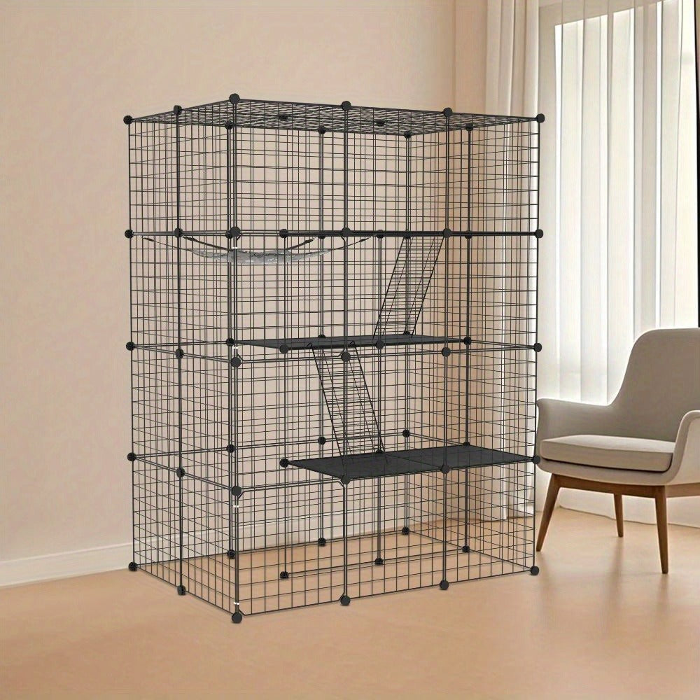 Cerradura Metálica Negra para Exteriores para Conejos, con Puerta y Adecuada para Animales Pequeños como Cobayas y Cachorros, Medidas 146X110X74 Cm (4 Columnas y 3 Capas)