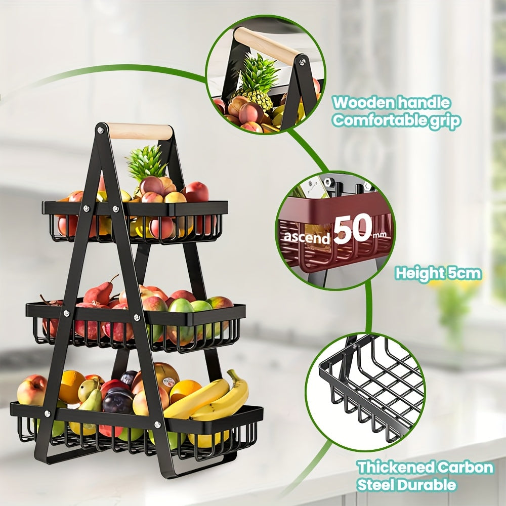 1 Cesta de Almacenamiento de Frutas de Metal de Múltiples Niveles con Asas de Madera - 2 Niveles para Frutas, Verduras y Especias - Soluciones Modernas de Almacenamiento para Cocina, Baño y Hogar, Cesta de Frutas