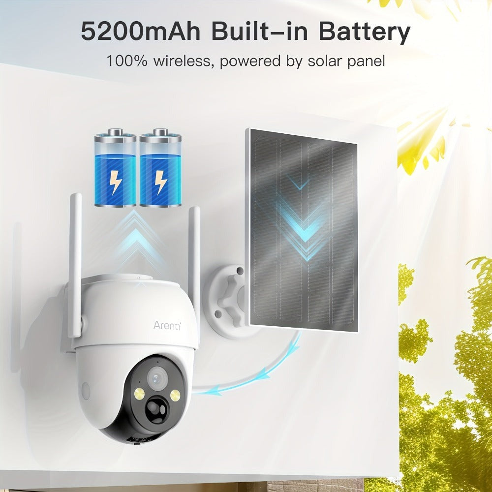 Cámara de seguridad exterior Arenti de 3MP con energía solar, PTZ 360° Pan-Tilt-Zoom, visión nocturna a color, sensor de movimiento PIR, audio bidireccional, foco y alarma de sirena, alta calidad, WiFi inalámbrico, alimentada por batería y USB, grabación