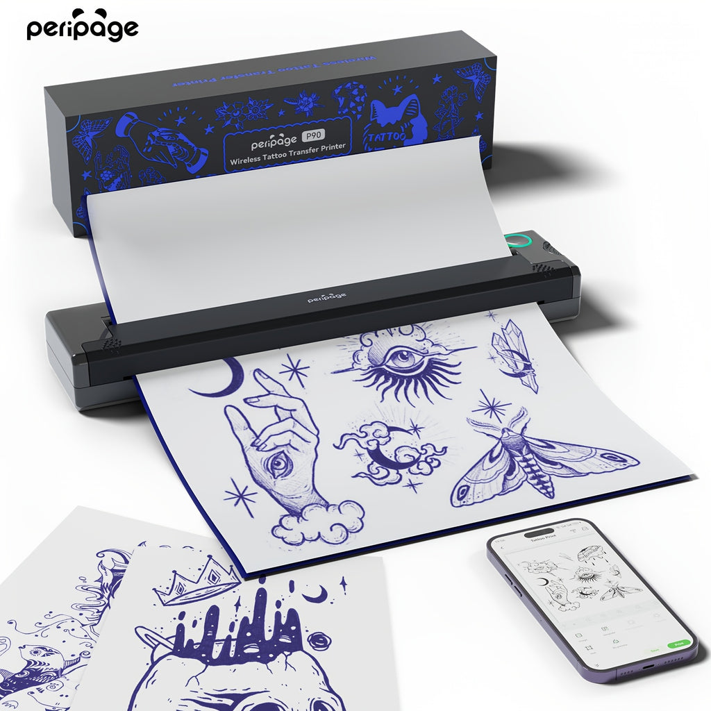 Impresora inalámbrica P90 de plantillas para tatuajes, máquina de tatuaje térmica con papel de plantillas, kit de impresora de tatuajes portátil compatible con teléfono, tableta y PC