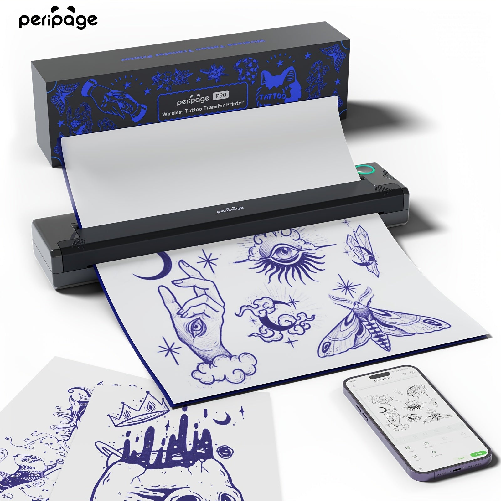 Impresora inalámbrica P90 de plantillas para tatuajes, máquina de tatuaje térmica con papel de plantillas, kit de impresora de tatuajes portátil compatible con teléfono, tableta y PC