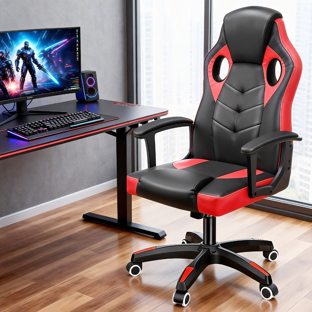 Silla de Oficina, Asiento Ergonómico de Respaldo Alto con Reposabrazos Acolchados y Transpirables, Base Duradera, Soporte Lumbar, Superficie de Cuero Sintético para Juegos, Hogar u Oficina, Silla Gamer