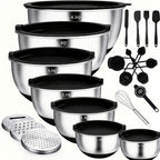 Juego de 21 tazones mezcladores/7 tazones con tapas, tazones para ensalada anidables de acero inoxidable con 3 accesorios de rallador, 7 cucharas medidoras y fondo de silicona antideslizante, tazones de cocina para cocinar, hornear y preparar alimentos, a